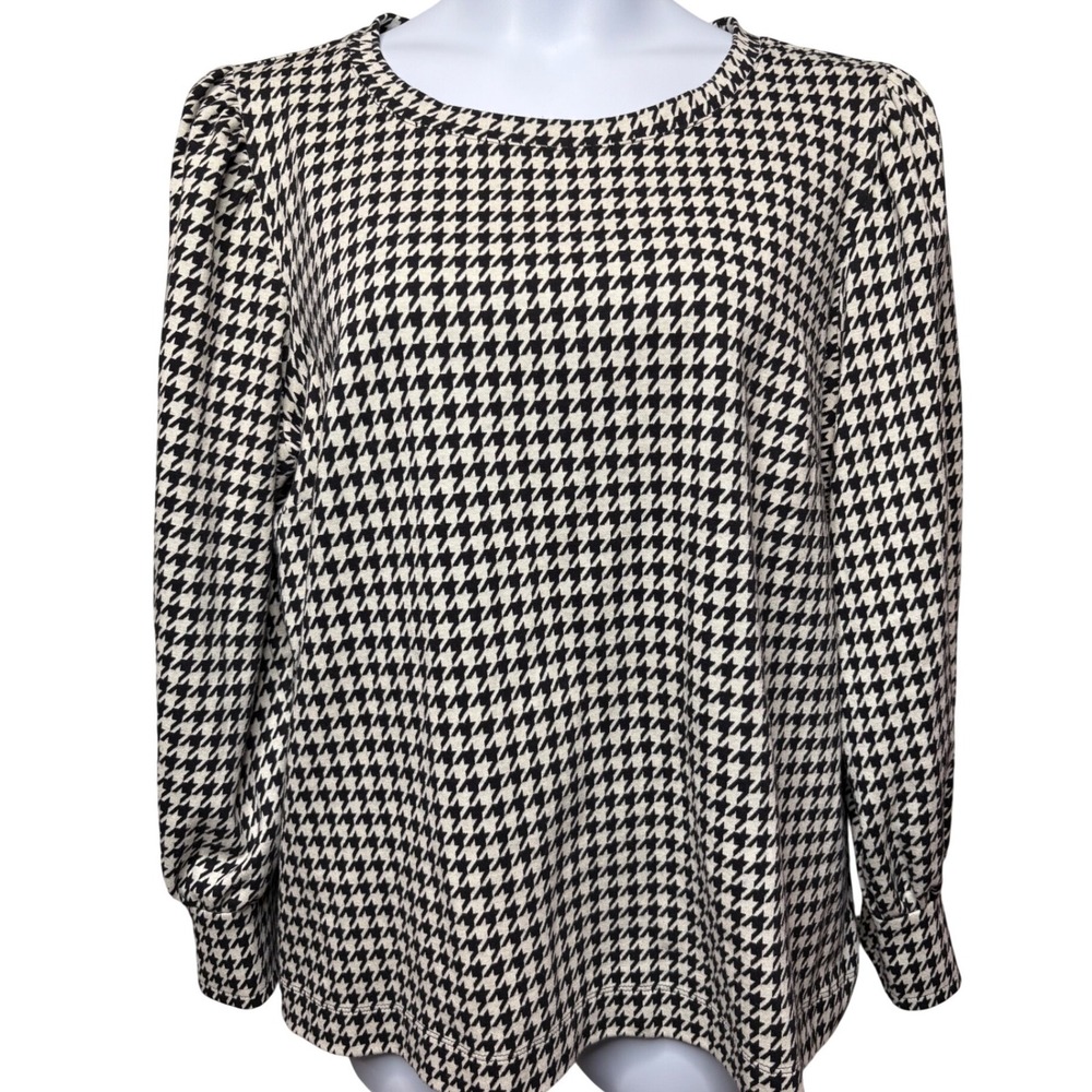 TALBOTS PLUS Black Ivory Houndstooth Pearl Cuffs Top 2X Office Parisian Chic Mod